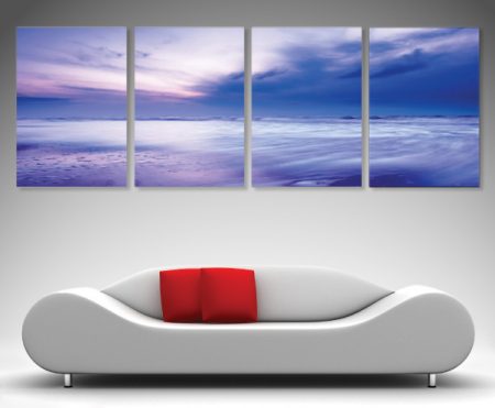 Cloud Drift four-panel, soft drifting clouds spread across four airy panels