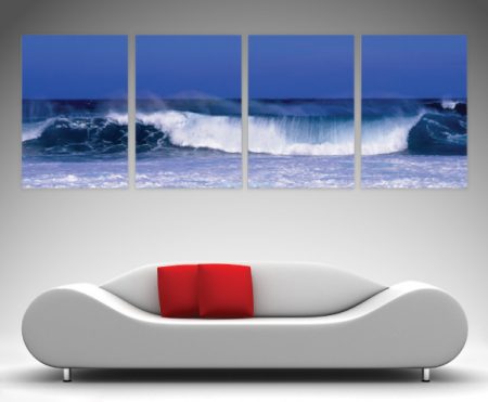 Four panel canvas of Waves, cool ocean blue and white spray for a coastal WA bathroom