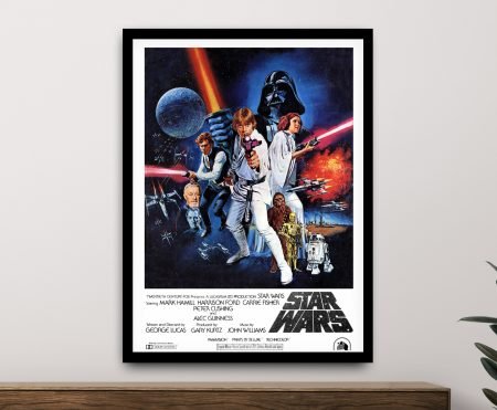 Star Wars A New Hope framed poster on white wall featuring Luke Skywalker, Princess Leia, Han Solo and Darth Vader