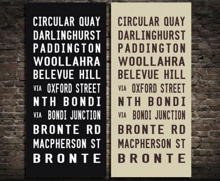 Canvas tram scroll print of Circular Quay to Bronte, vintage Sydney lettering