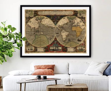 Ancient world map in sepia parchment tones, framed