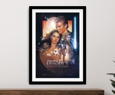Attack of the Clones star wars framed print of the Episode II cast with a blue lightsaber