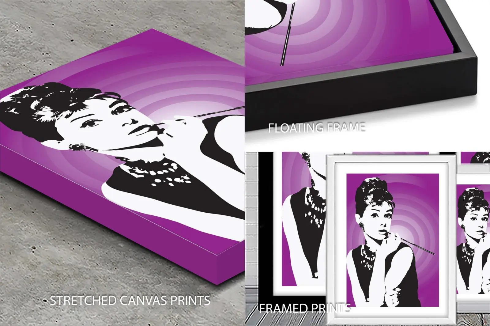 Audrey Hepburn poster print against a bold purple ground