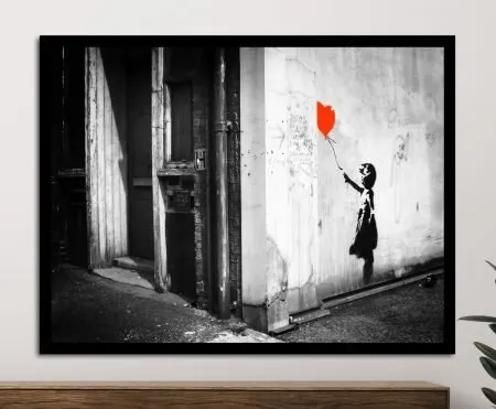 Banksy's Balloon Girl Black and White on canvas, a iconic street-art composition with rich detail