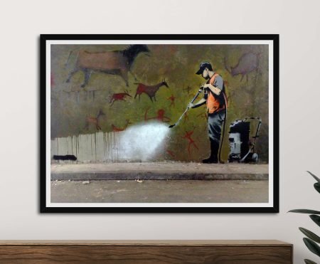 Banksy's Getting it Off the Wall as a framed print, an irreverent stencilled street-art statement in monochrome