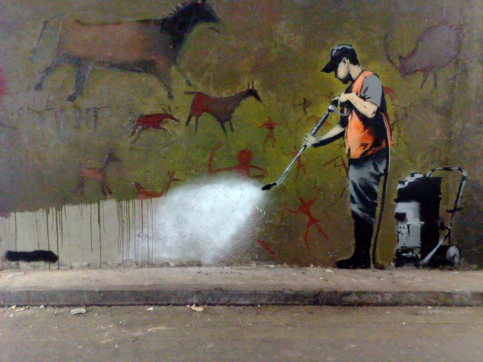 Banksy's Getting it Off the Wall, a sardonic stencilled street-art piece in bold black and white