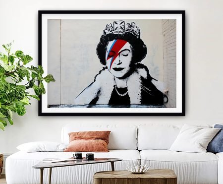Banksy stencil of Queen Elizabeth II with a Ziggy Stardust lightning bolt