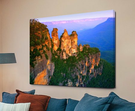 Blue Mountains print with eucalypt-blue valleys and misty depth