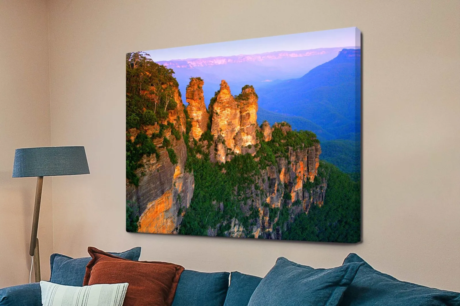 Blue Mountains print with eucalypt-blue valleys and misty depth