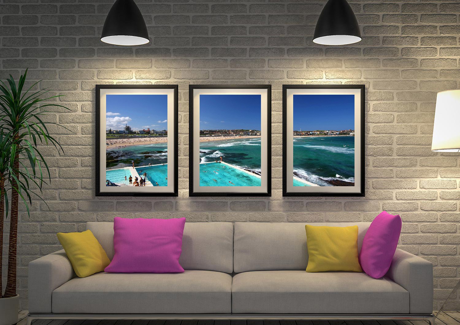 Bondi Icebergs pool triptych, bright coastal blues for a WA lounge