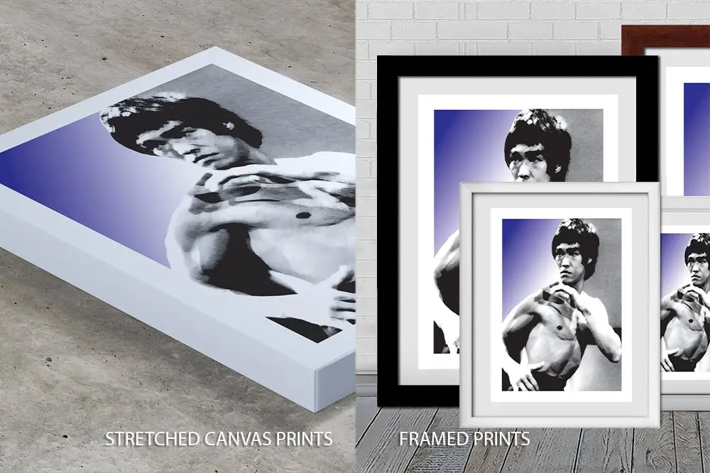 Bruce Lee Pop Art gallery wrap canvas pictured as museum-grade; available with tracked delivery Australia-wide from our Perth studio.