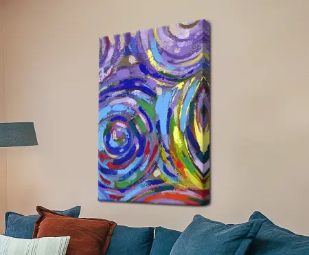 Bold Classical Twist abstract with concentric swirls of purple, cobalt blue, yellow, green and red brushstrokes