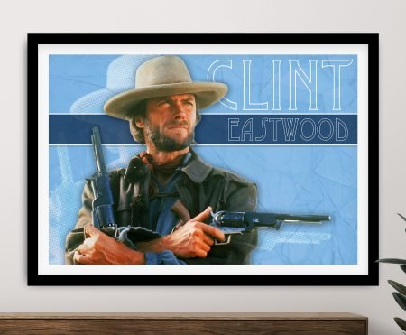 Clint Eastwood framed portrait with his signature squint and Western presence