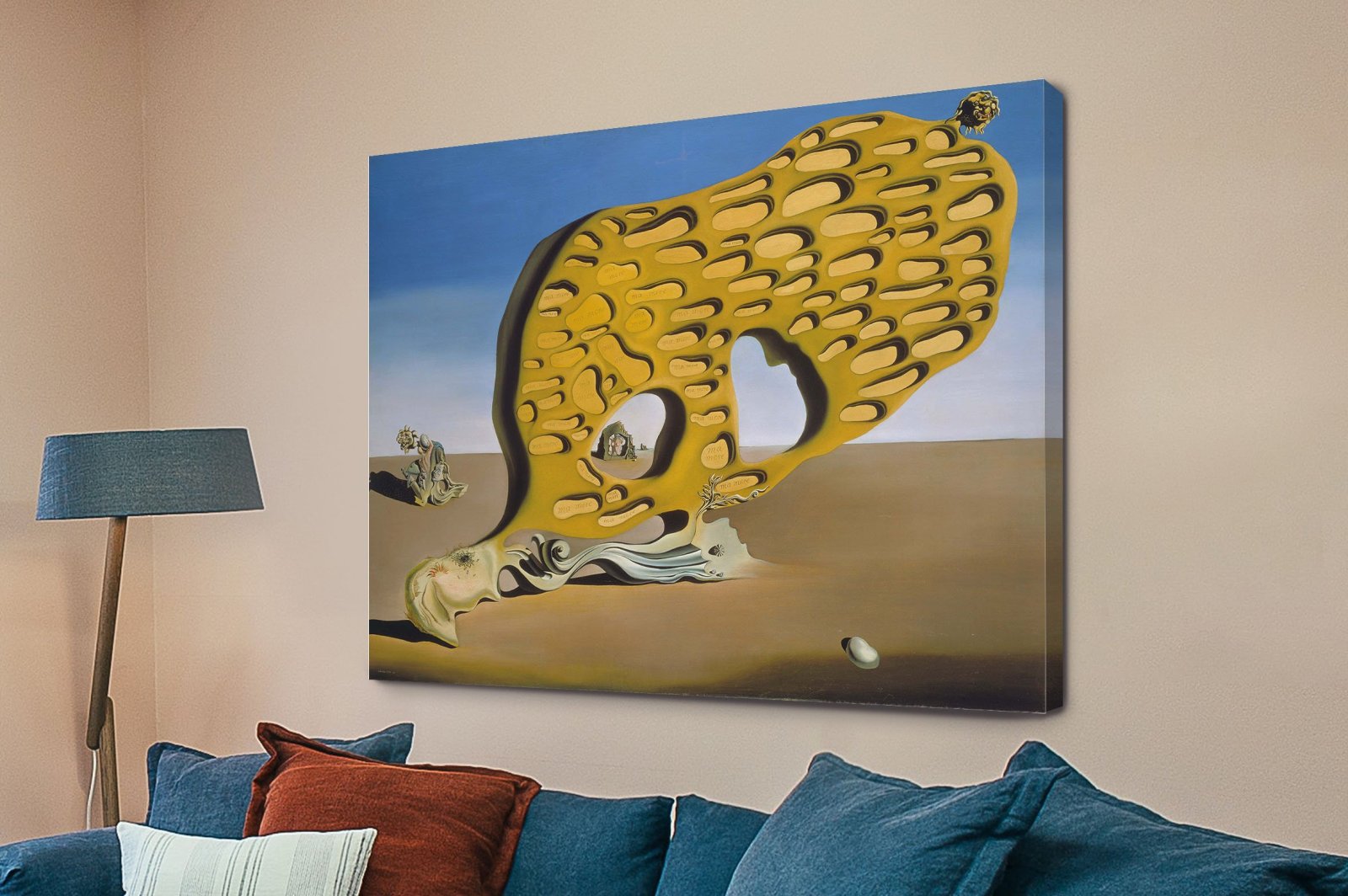Salvador Dali The Enigma of Desire canvas print with a biomorphic form, kneeling figure and pale egg in an ochre desert