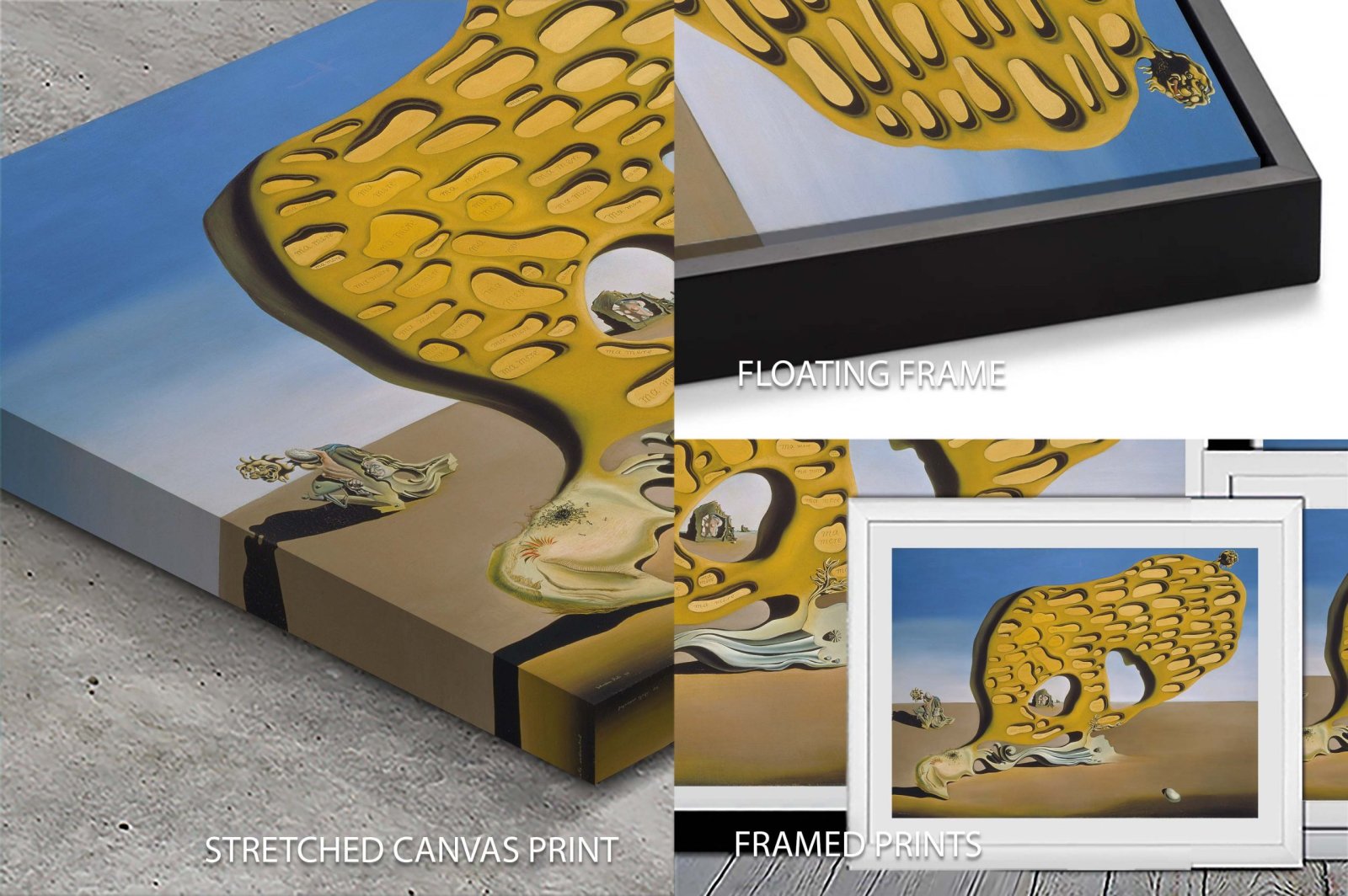 Salvador Dali The Enigma of Desire art print with a biomorphic form, kneeling figure and pale egg in an ochre desert