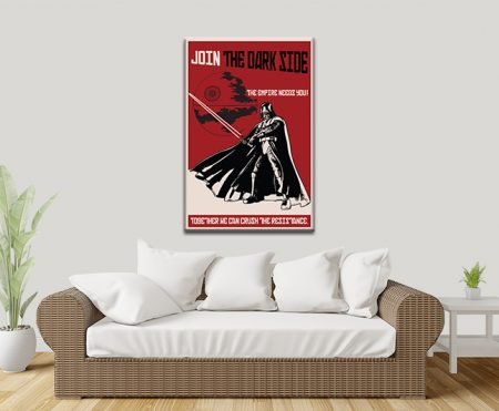 Star wars canvas print Join the Dark Side Darth Vader red propaganda poster above wicker daybed