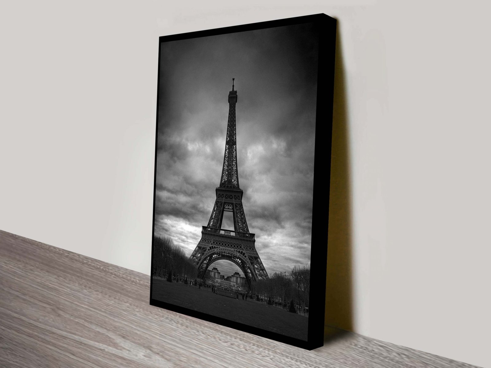 Black and white canvas print of the Eiffel Tower, timeless monochrome detail