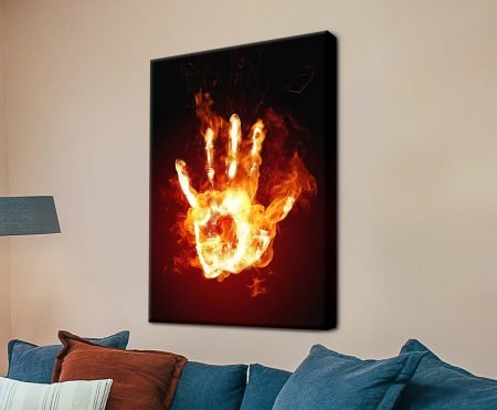 Fire Hand abstract canvas of a glowing handprint engulfed in orange flames against a black background