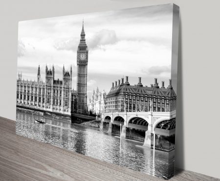 Canvas print of Houses of Parliament London, classic riverside tones for a WA study
