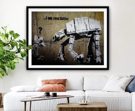 Framed Banksy AT-AT and AT-ST stencil with sprayed lettering