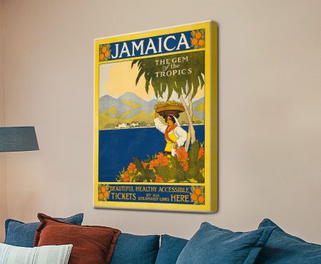 Vintage Jamaica travel poster with a tropical Caribbean scene of palms and coastline
