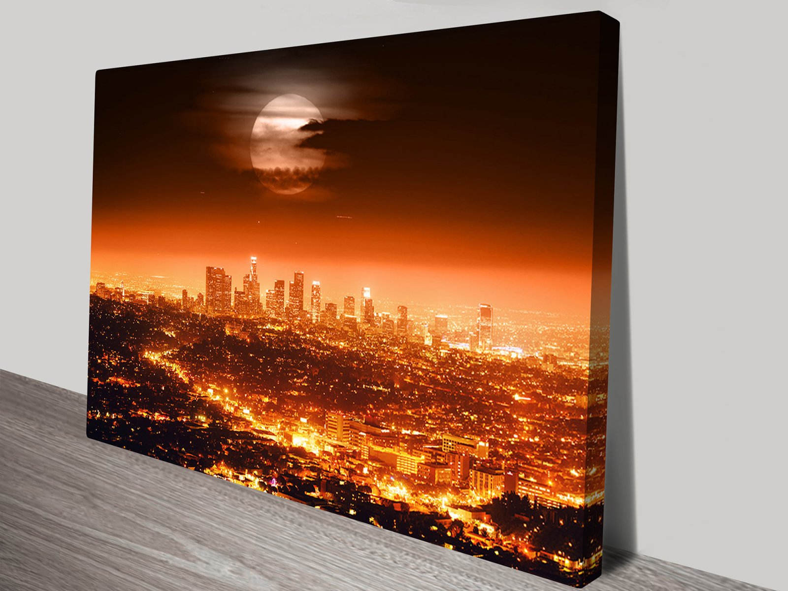 Canvas print of Los Angeles at night, warm glowing city lights for a WA study