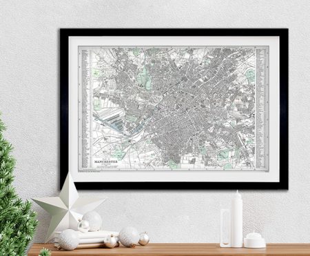 Framed street map of Manchester wall art.