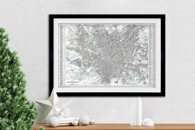 Framed street map of Manchester wall art.