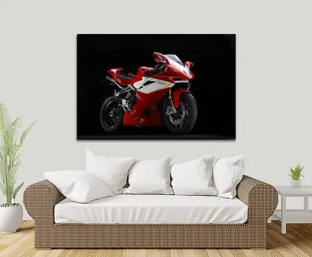 Canvas print of the MV Agusta F4CC superbike, scarlet-red and chrome detail for a garage bar or study