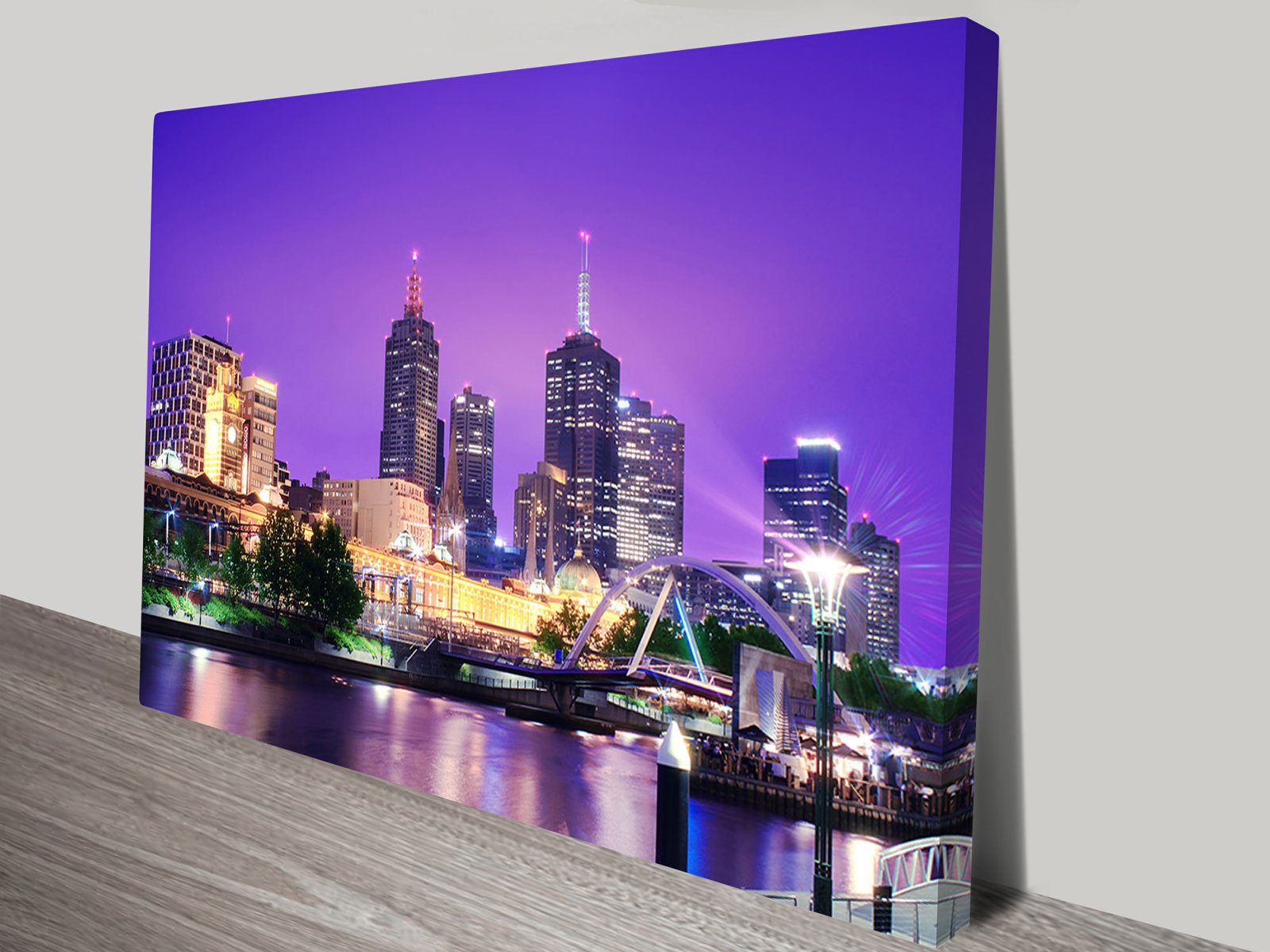 Canvas print of the Melbourne cityscape, cool riverside city tones for a WA study