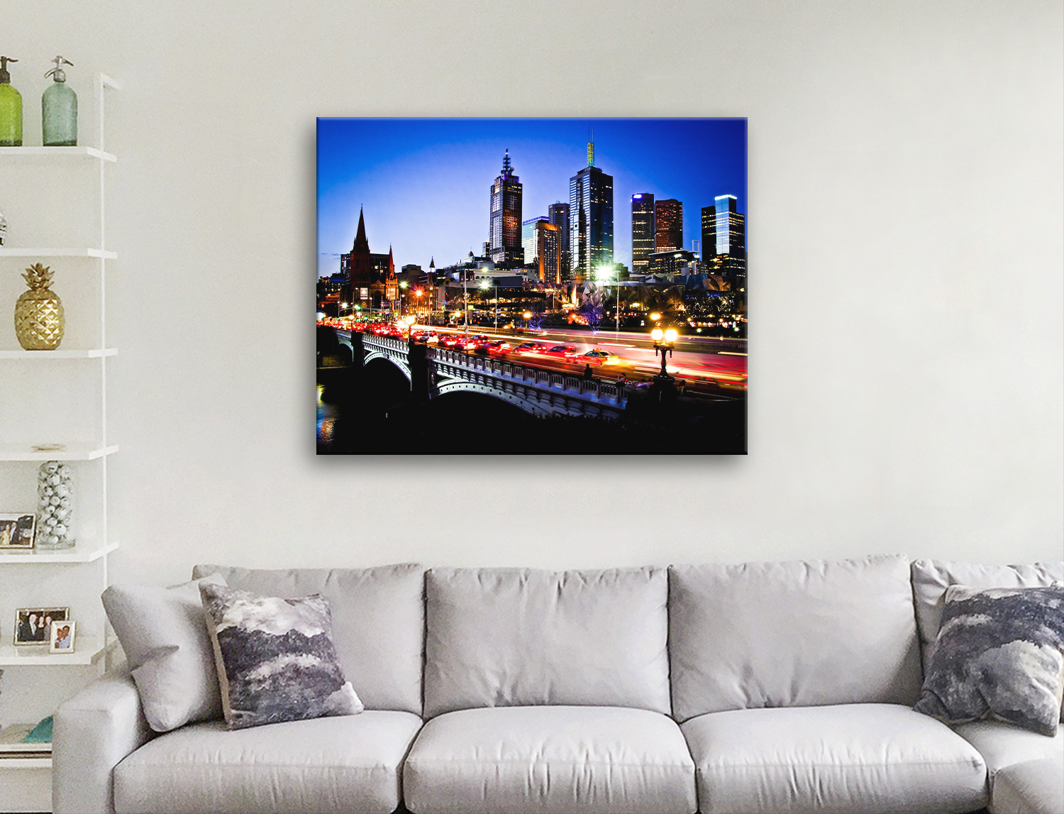 Canvas of the Melbourne skyline at sunset, warm glowing night city tones