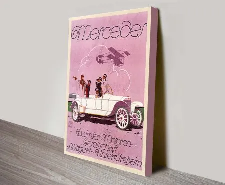 Vintage Mercedes advertising poster canvas print in sleek retro tones