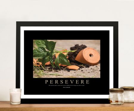 Persevere motivational quote in bold typographic lettering, framed print