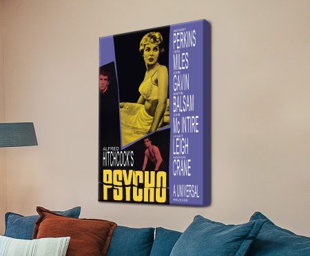 Poster artwork for Hitchcock's thriller Psycho with shadowy suspenseful mood
