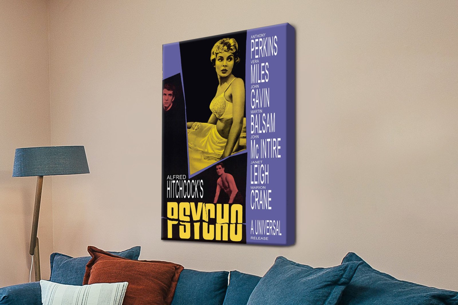Poster artwork for Hitchcock's thriller Psycho with shadowy suspenseful mood