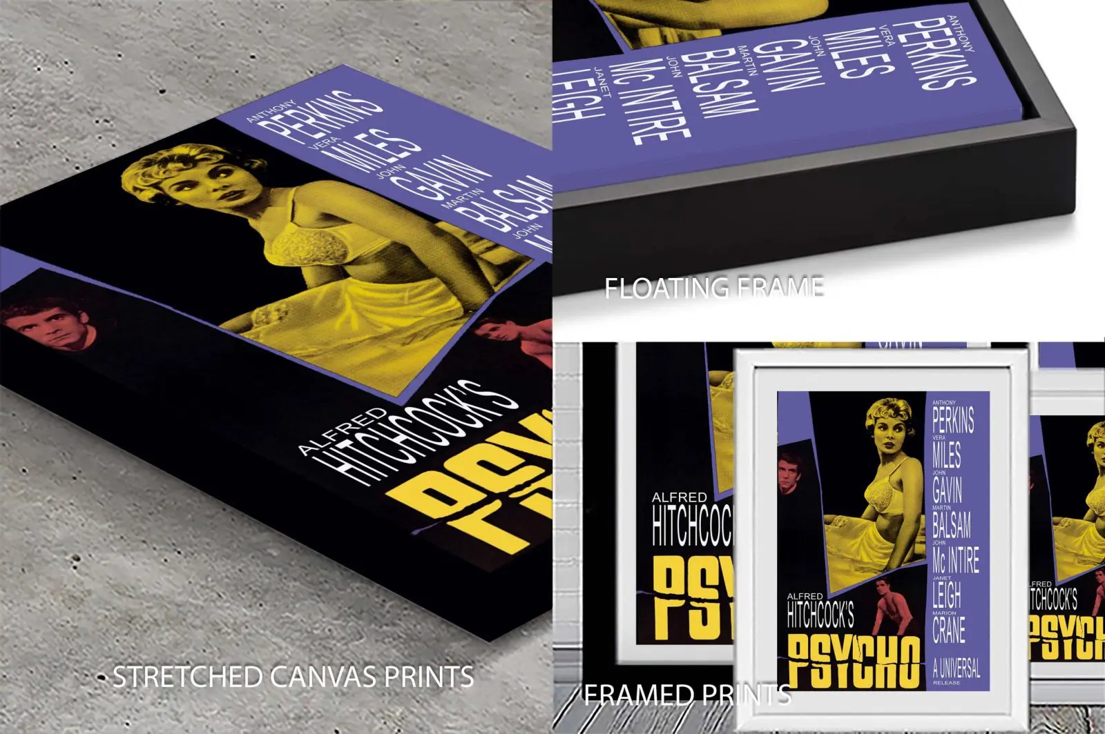 Vintage-style film poster for Hitchcock's Psycho in moody monochrome