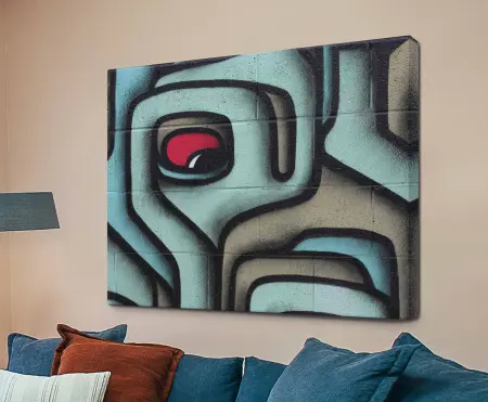 Red eye graffiti canvas print with urban lettering