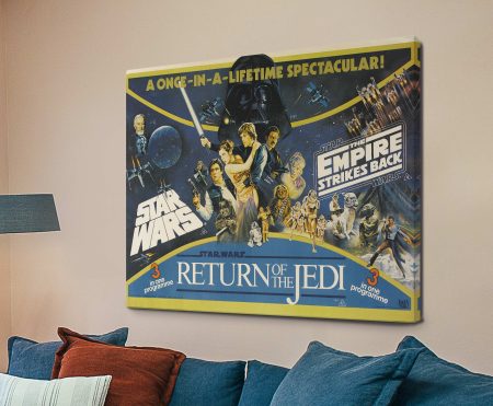 Vintage Star Wars trilogy quad canvas with the mustard and navy montage across all three original films