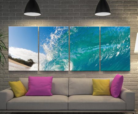 Four panel canvas of Rolling Waves, crisp aqua and foam ocean tones