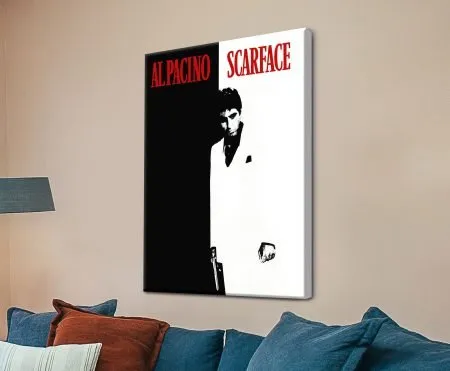 Scarface poster, moody monochrome portrait of Tony Montana with bold red title type