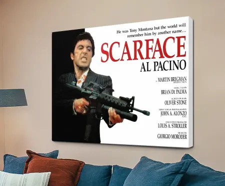 Scarface poster print of Tony Montana in a white suit beneath the bold red title