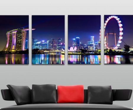 Singapore waterfront skyline with modern towers across four panels