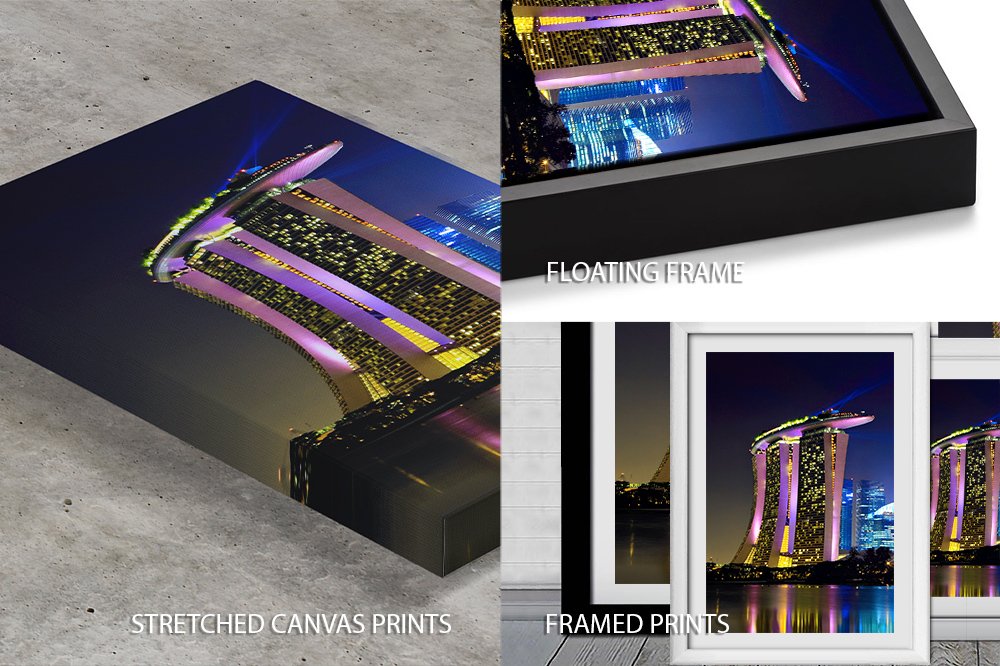 Singapore city skyline shown as a multi-panel split canvas set of the Marina Bay waterfront