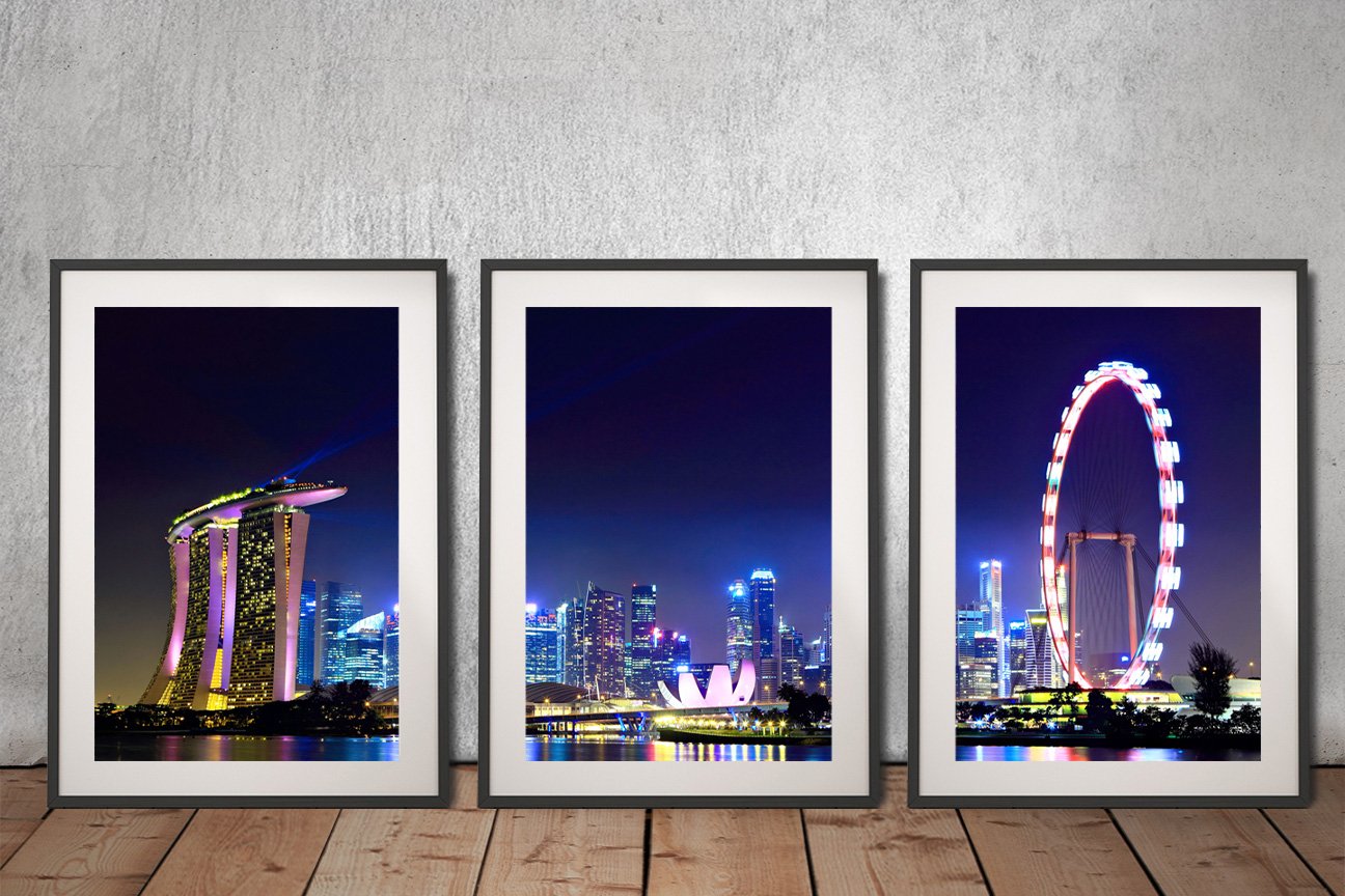 Singapore city skyline three-panel art, vivid tones for a WA room