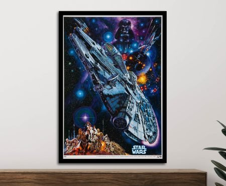 A New Hope Japanese-release star wars framed print on white wall above timber console