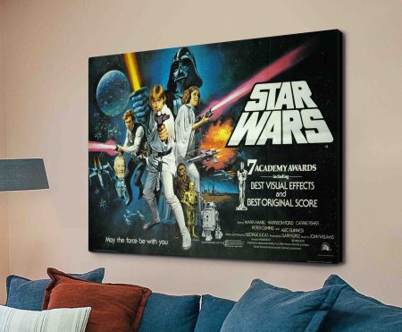 Wide composition of Star Wars movie poster Canvas scaled, rendered as framed print in Bright primary colours, contrasting