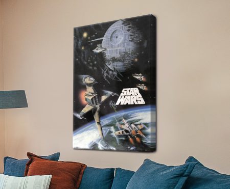 Star Wars Vintage Poster II canvas with the Death Star and starfighters in formation above Earth