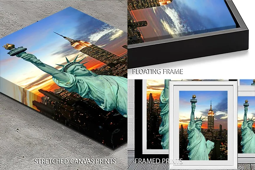 Statue of Liberty art print, torch raised and spiked crown against the sky