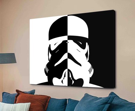 Canvas print of an inverted Stormtrooper in black and white, graphic monochrome tone for a Perth media room