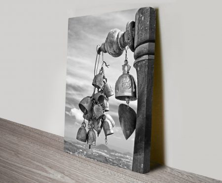 Canvas print of temple bells in black and white, soft monochrome tones for a WA hallway
